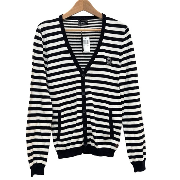 Buffalo David Bitton Mixed Stripe Cotton Cardigan V Neck Black White Small NEW - Picture 1 of 13